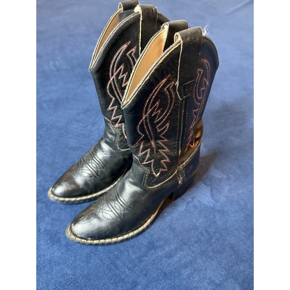 Old West Youth Cowboy Boots Black Red Leather Size 12.5 Western Embroidered